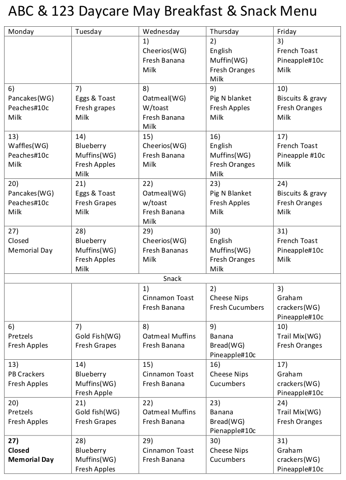 ABC123 Daycare Menus | Magnolia | Hockley | Waller | Well-balanced