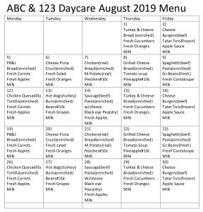 2019 Lunch Menu ABC 123 Daycare